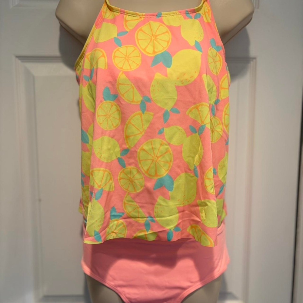 Justice Girls 18P Lemon Citrus Tankini Swimsuit Set Pink Yellow Y2K Beachcore